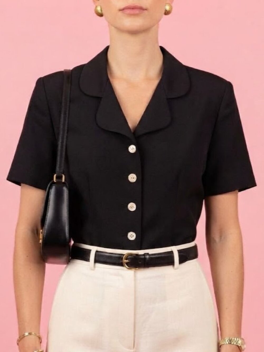 Vintage Black Short-Sleeve Button Front Blouse